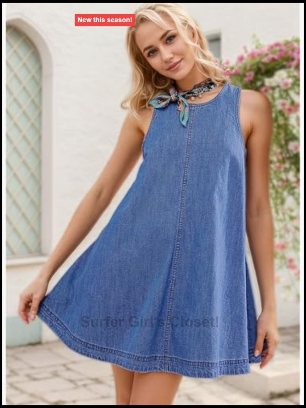 Sleeveless Denim Babydoll Mini Dress Cutout Back A-Line Flowy with Pockets - Picture 2 of 7
